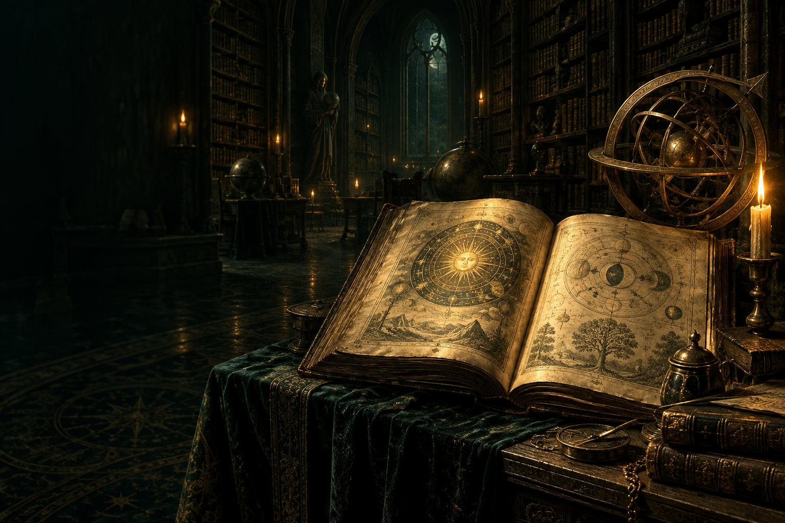An illuminated book and celestial astrolabe in an ancient library